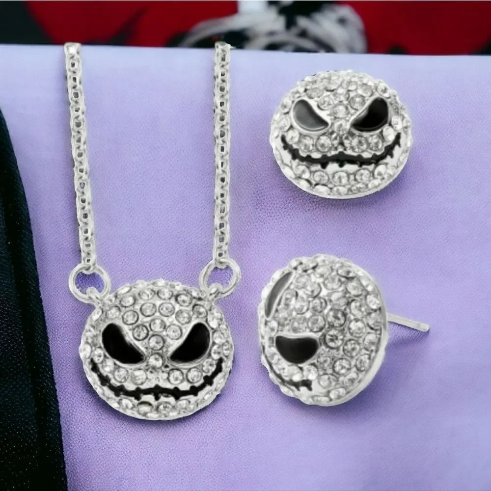 Jack Skellington Rhinestone Necklace Earring Set Nightmare Before Christmas Goth